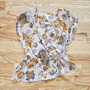 Leith Size S Asymmetrical Peplum Blouse Beige and Yellow Floral Business Casual